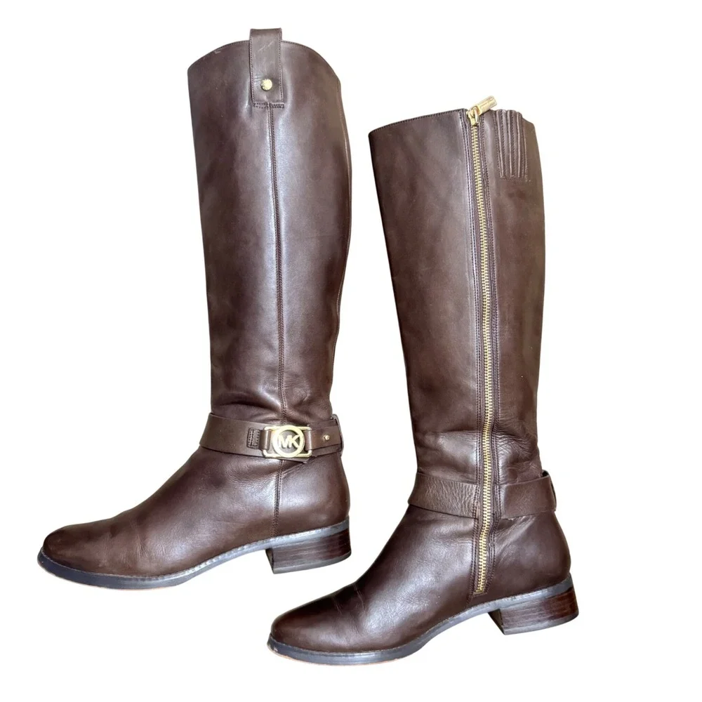 Michael Kors Brown Leather Riding Boots MK Logo Buckle Side‎ Zip Women Size 7.5M - Picture 3 of 10